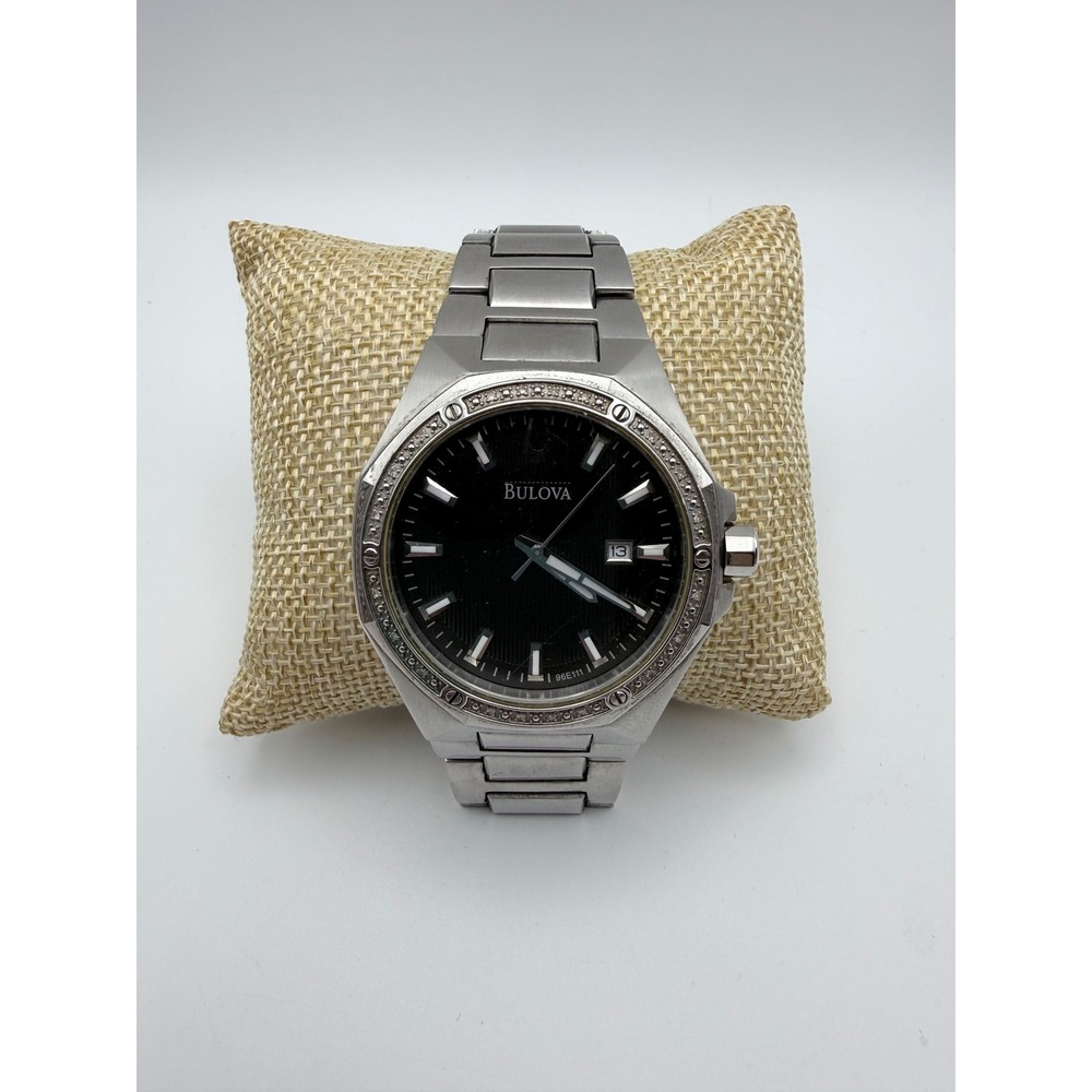 Bulova Stainless Steel Mens Watch Black Dial Date Window Crystal Bezel‎